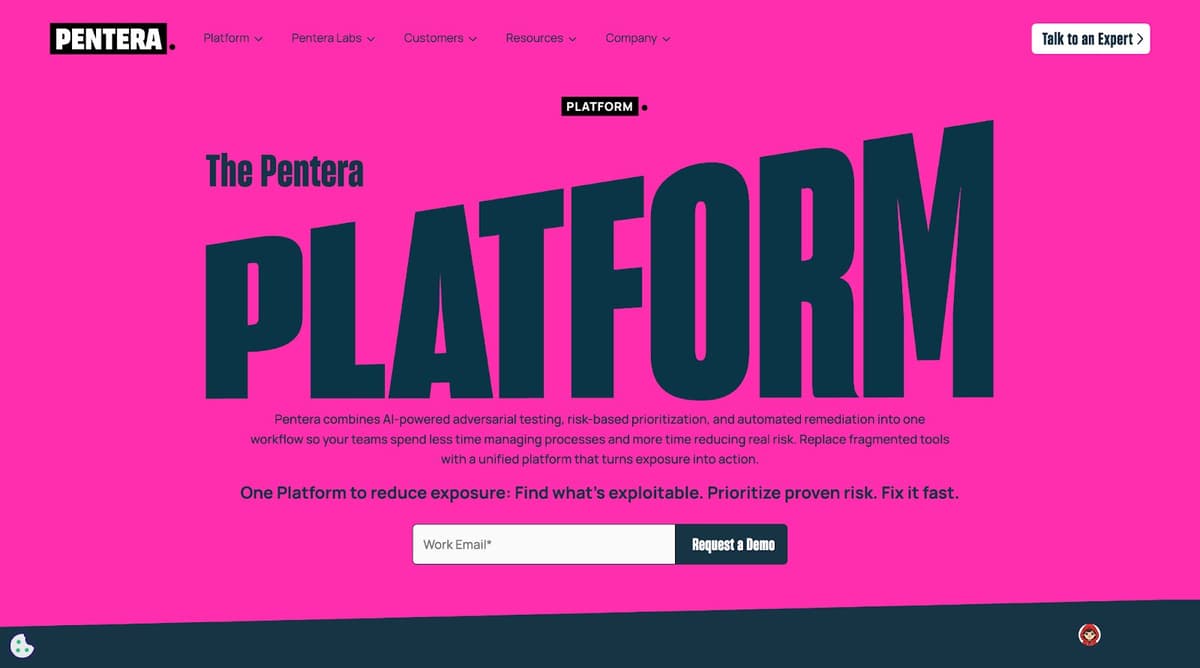Pentera automated security validation platform homepage showing the Pentera platform with Find, Prioritize and Fix workflow