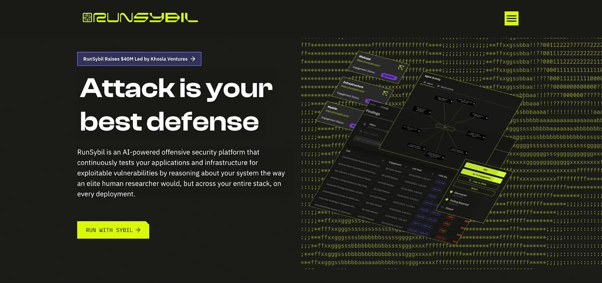 RunSybil AI-powered offensive security platform homepage showing Attack is your best defense tagline with agent findings interface