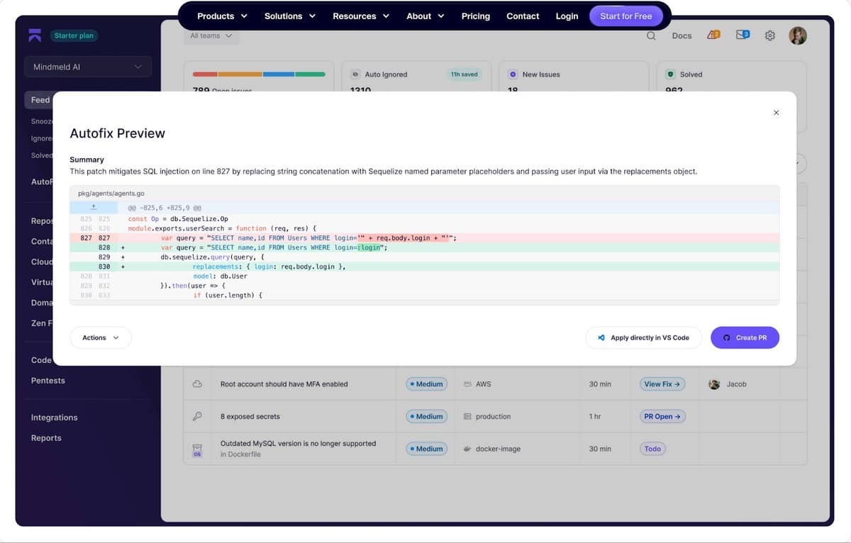 Aikido Infinite autofix preview showing SQL injection patch replacing string concatenation with parameterized Sequelize query