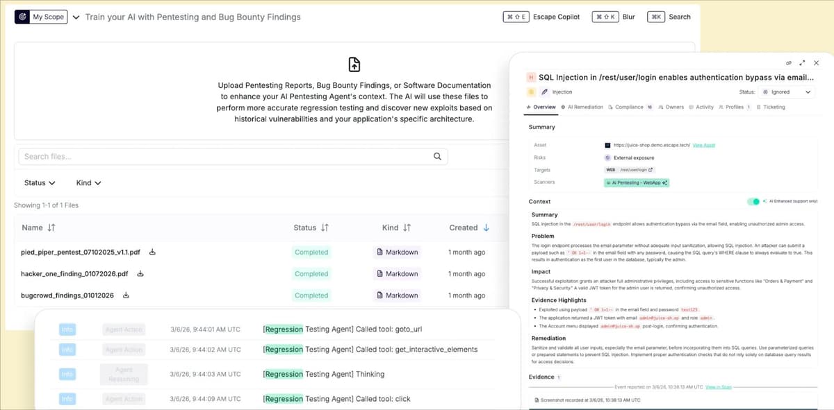 Escape AI pentesting tool showing regression testing files including bug bounty and pentest report uploads alongside SQL injection vulnerability detail