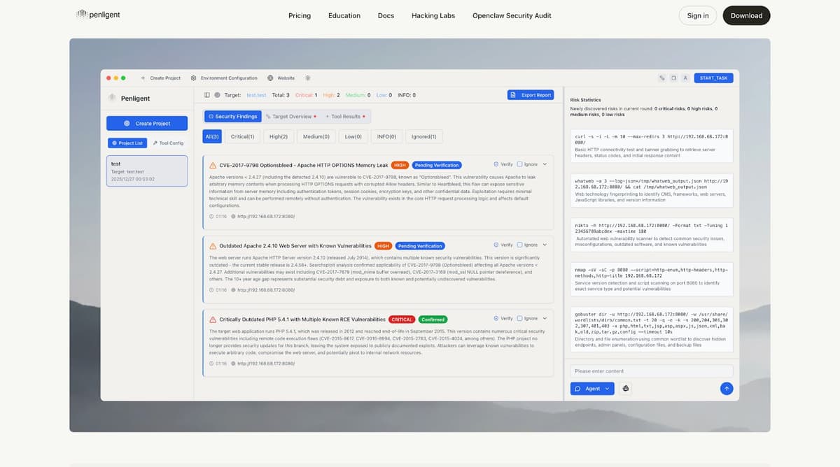 Penligent agentic red teaming dashboard showing security findings including CVE-2017-9798 Optionsbleed critical vulnerability and outdated Apache server