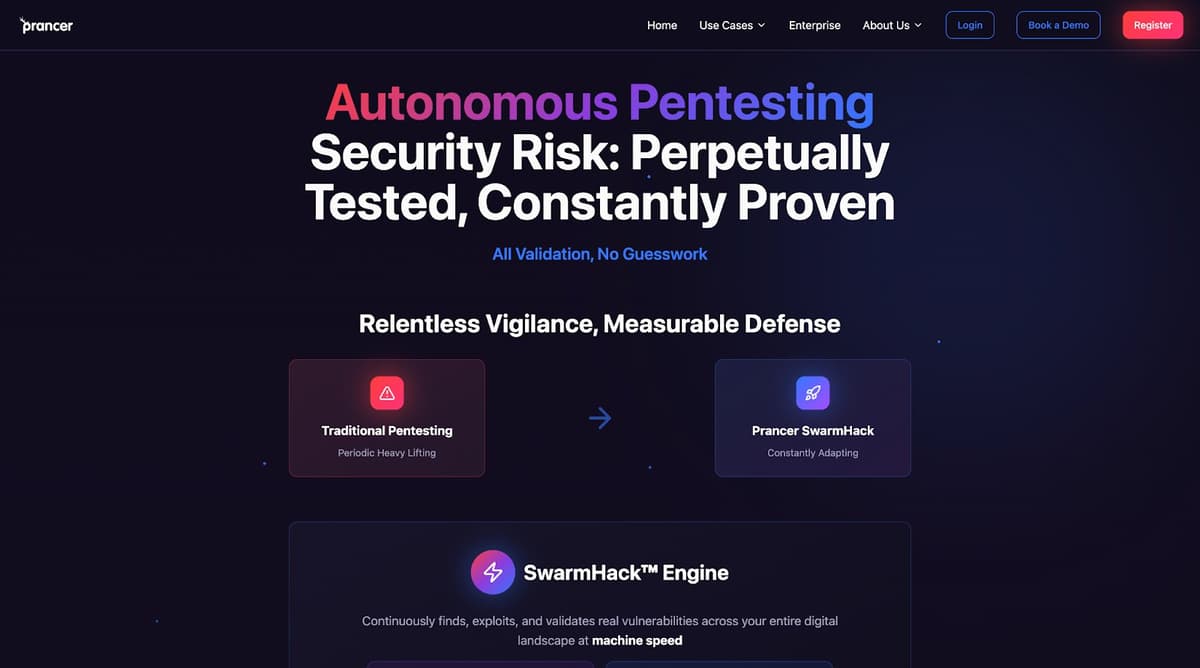 Prancer autonomous pentesting SwarmHack engine homepage showing Perpetually Tested Constantly Proven tagline with traditional pentesting versus SwarmHack comparison