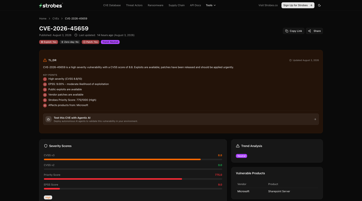 CVE-2026-56155 on Strobes Vulnerability Intelligence showing CVSS 7.8, zero-day, exploit and patch available