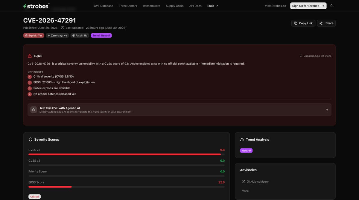 CVE-2026-47291 on Strobes Vulnerability Intelligence showing CVSS 9.8, EPSS 22%, exploit available, no patch, critical priority