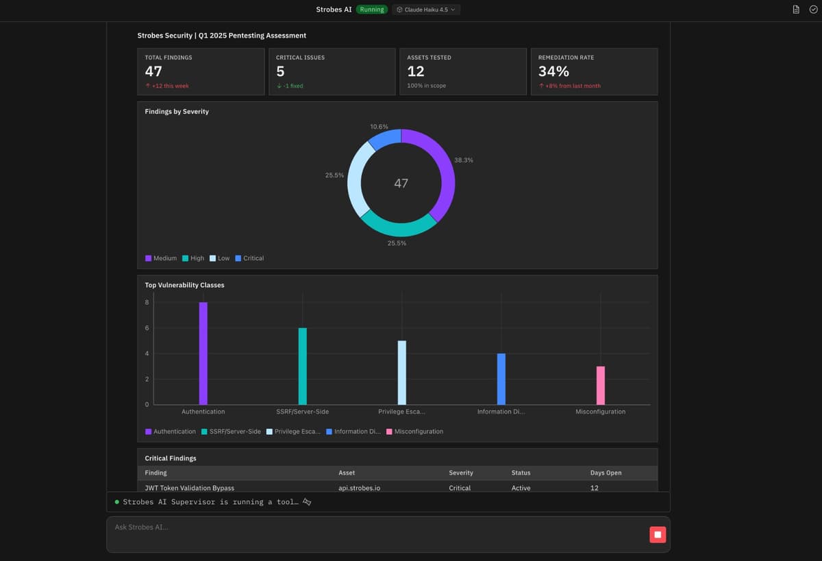 Strobes AI generative UI showing stat cards, severity donut chart, vulnerability class bar chart, and critical findings table