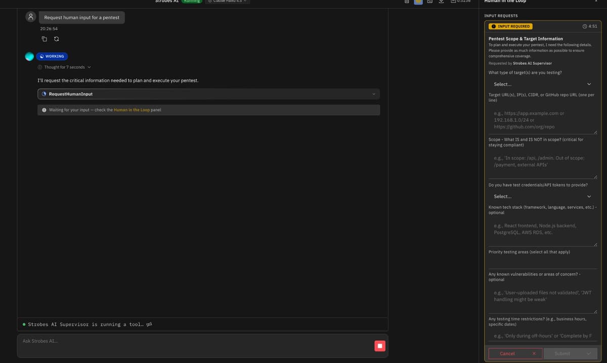 Human-in-the-Loop input panel - the agent pauses and requests pentest scope, target information, and credentials from the user