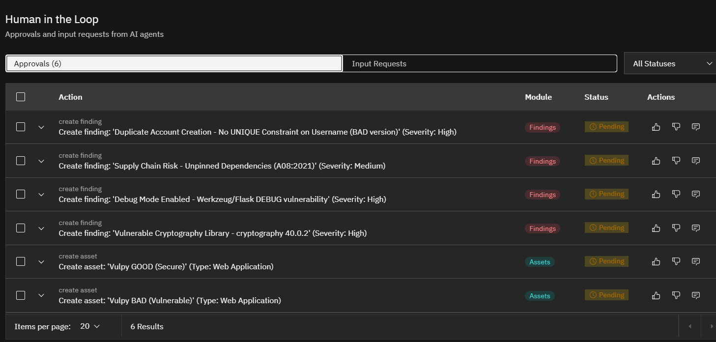 Strobes Human in the Loop page with six pending approvals, each with approve and reject buttons