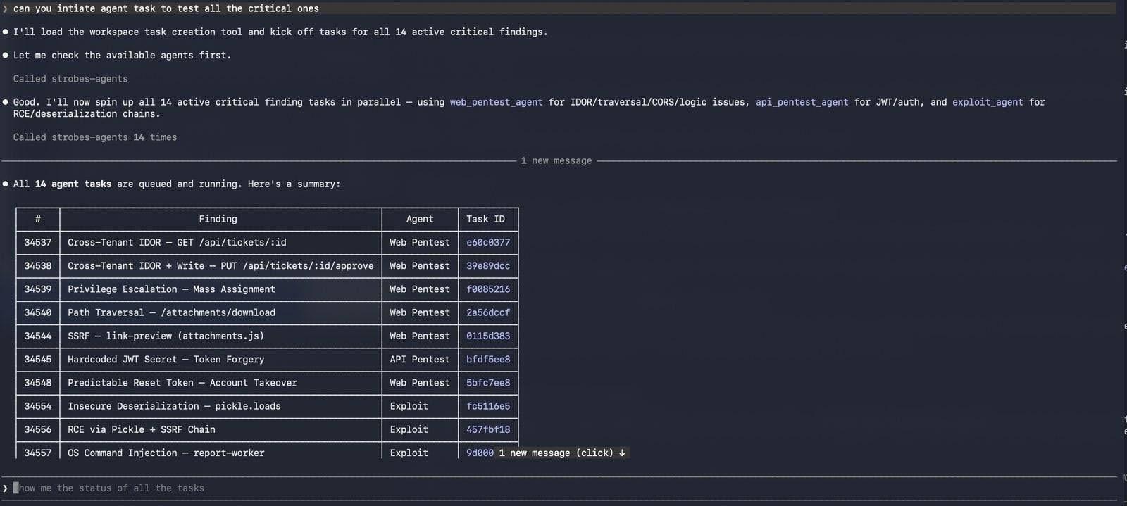 Claude Code starting validation tasks for 14 critical findings through the Strobes MCP servers
