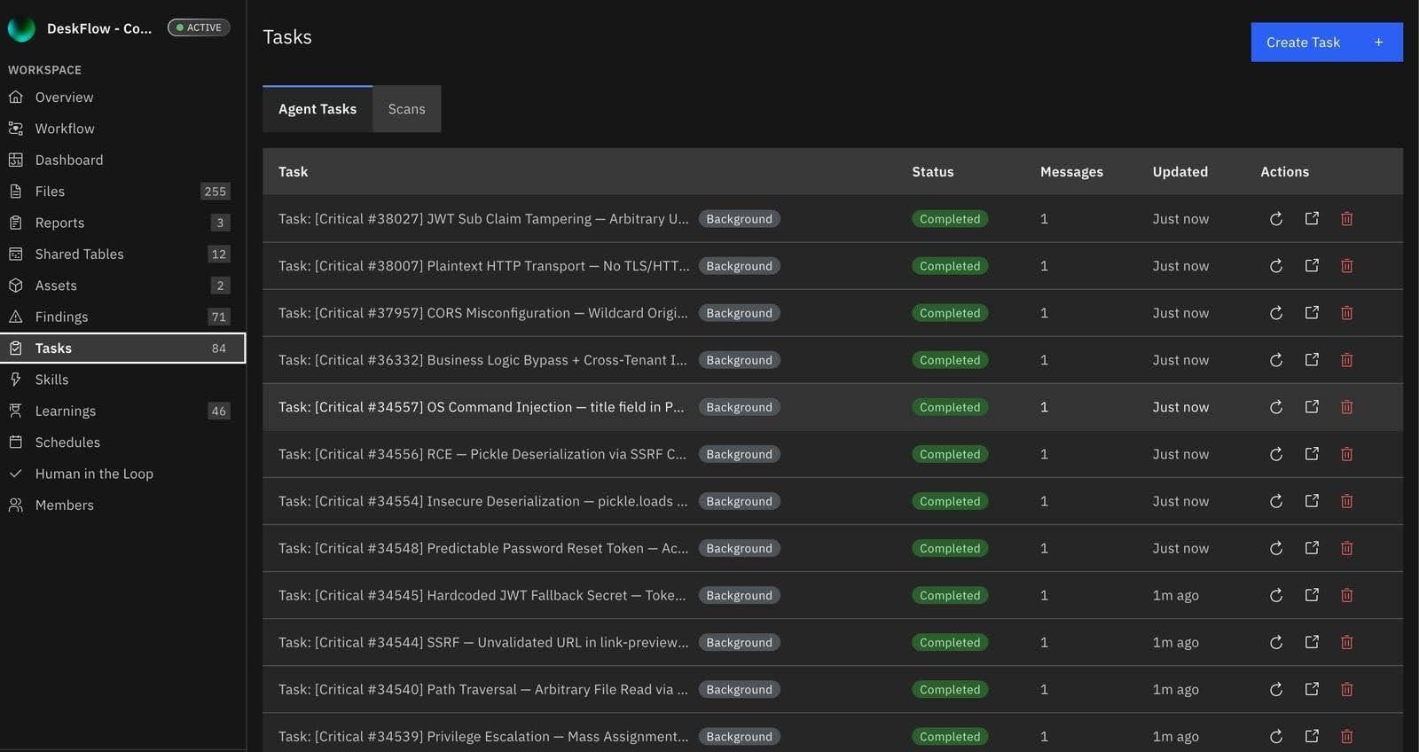 Completed agent validation tasks listed in the Strobes platform