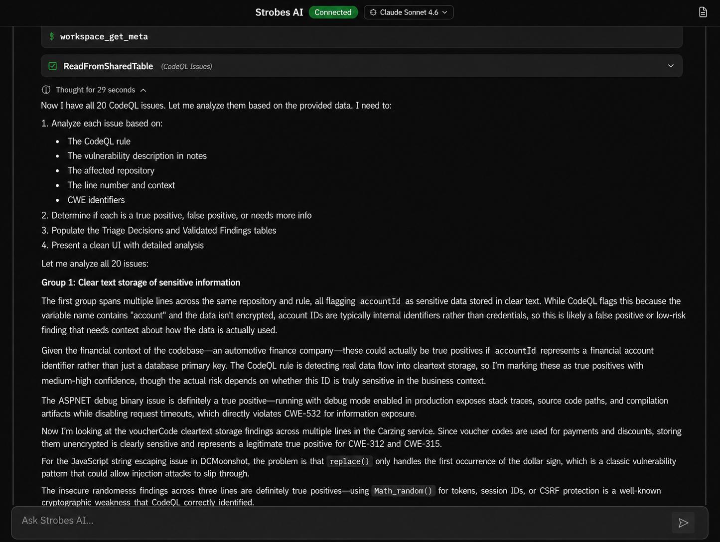 Strobes reading source code and producing file-level evidence during vulnerability validation