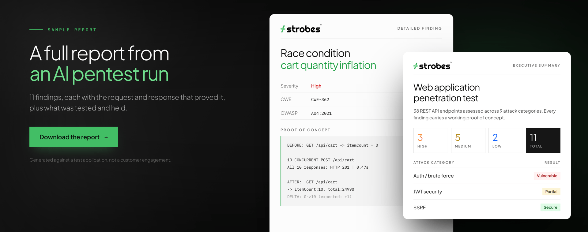 Sample report from a Strobes AI pentest run, showing executive summary and a detailed finding with proof of concept
