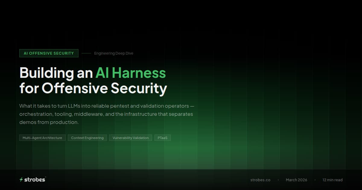 AI Harness for Offensive Security - Strobes blog cover showing multi-agent architecture concept