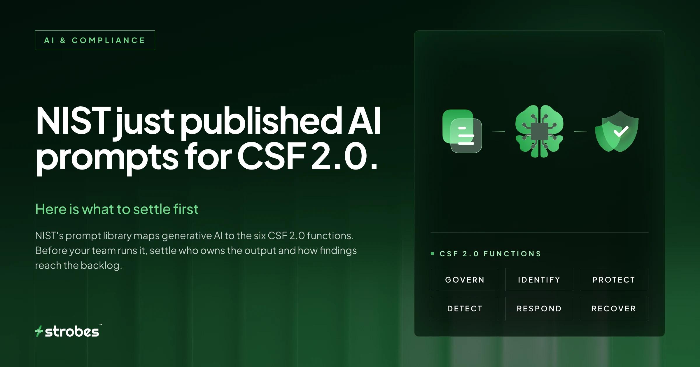 NIST just published AI prompts for CSF 2.0, showing document, AI model, and shield icons with the six CSF 2.0 functions Govern, Identify, Protect, Detect, Respond, Recover