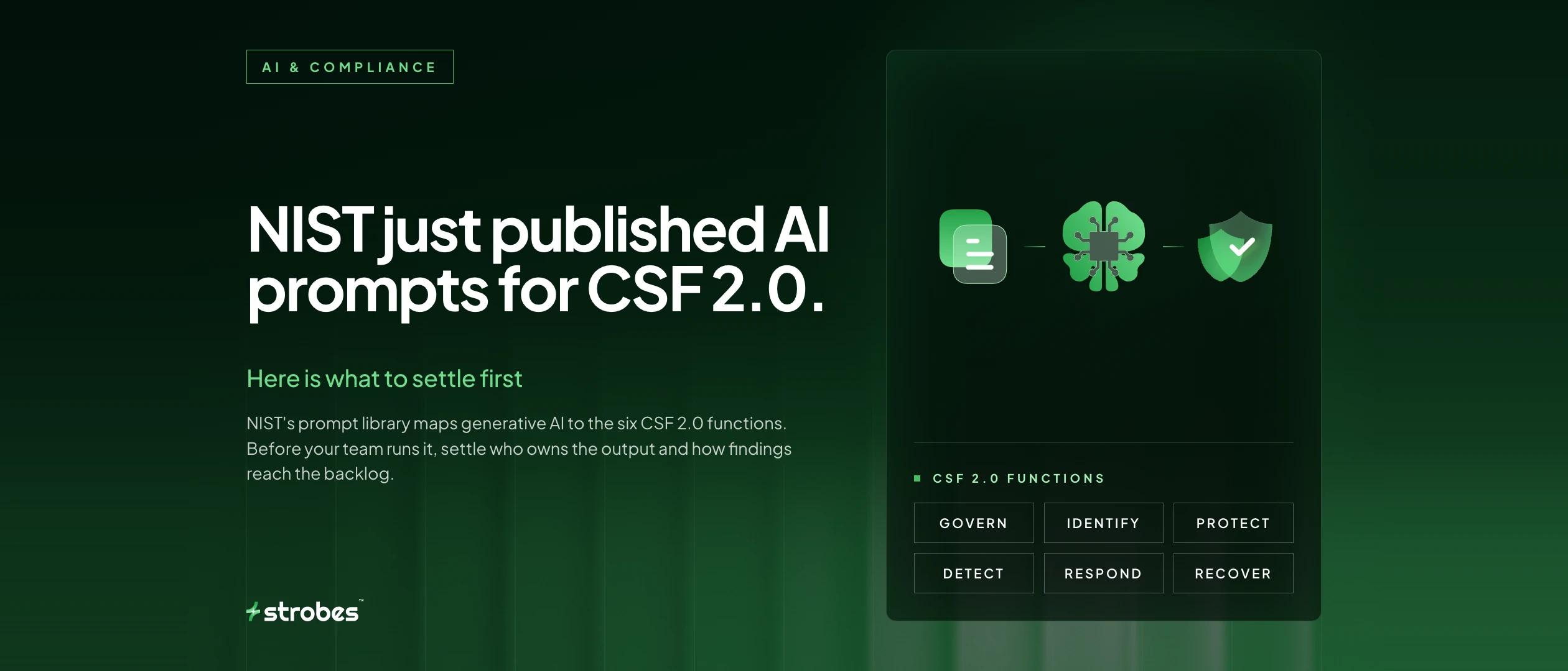 NIST just published AI prompts for CSF 2.0, here is what to settle first. Strobes banner showing document, AI model, and shield icons with the six CSF 2.0 functions: Govern, Identify, Protect, Detect, Respond, Recover