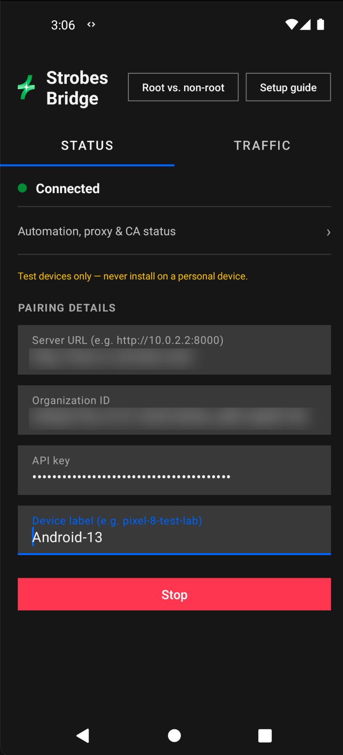 Strobes Bridge app paired and connected on an Android test device