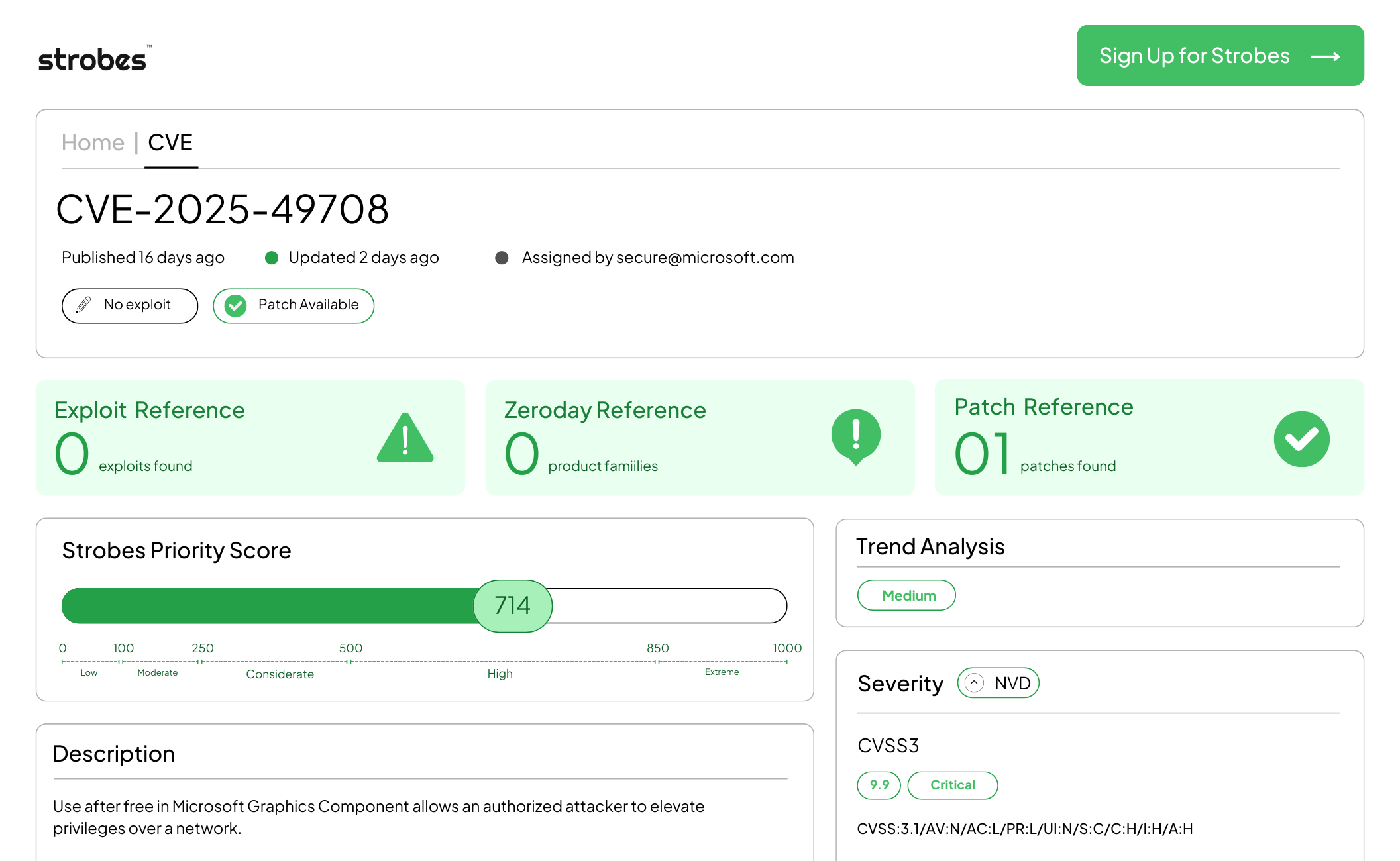 CVE-2025-49708 vulnerability dashboard on Strobes Security showing a critical Microsoft Graphics Component flaw with CVSS 9.9 severity and Strobes Priority Score 714. The report highlights privilege escalation risk, one available patch, and no active exploits, helping security teams prioritize and remediate vulnerabilities effectively.