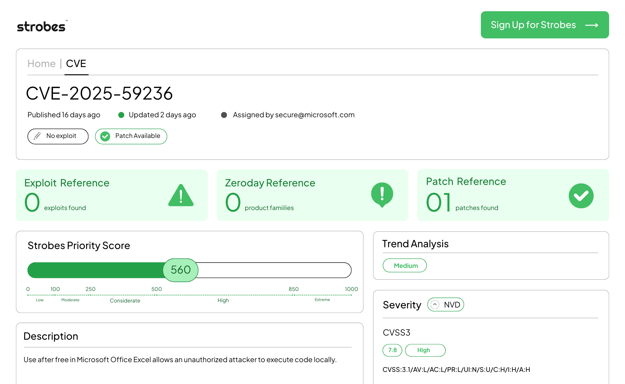 CVE-2025-59236 vulnerability dashboard on Strobes Security showing a high-severity flaw in Microsoft Office Excel with a CVSS score of 7.8 and Strobes Priority Score 560. The report confirms one available patch, no known exploits, and medium trend analysis. Description highlights a use-after-free issue that enables local code execution, reinforcing the need for timely patch management and proactive vulnerability monitoring.