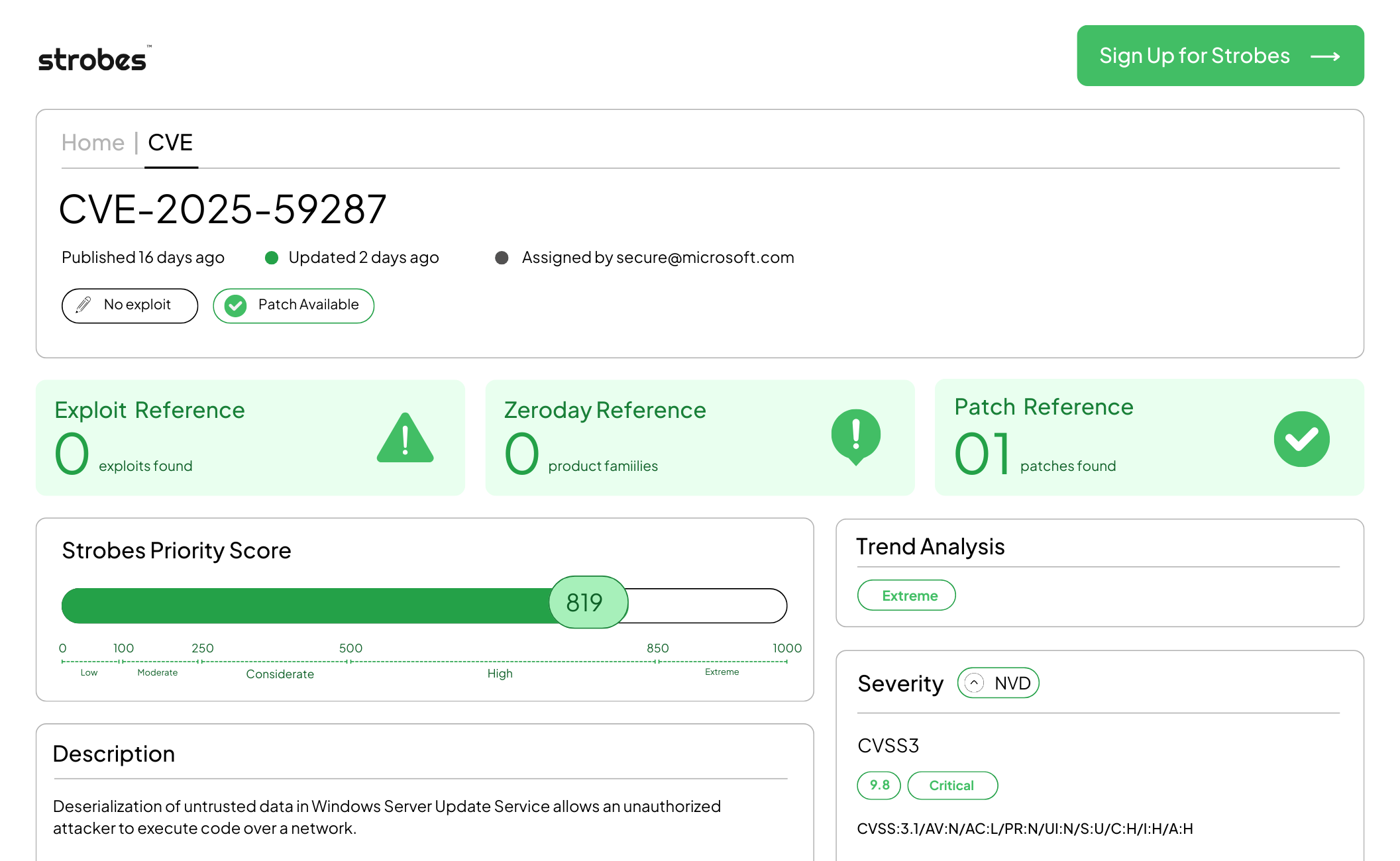Screenshot of CVE-2025-59287 vulnerability page on Strobes Security platform showing a critical deserialization flaw in Windows Server Update Service with a CVSS score of 9.8, Strobes Priority Score of 819, no known exploits, and one available patch. The dashboard highlights trend analysis as extreme and emphasizes Microsoft’s assignment and patch details for enterprise vulnerability management insights.