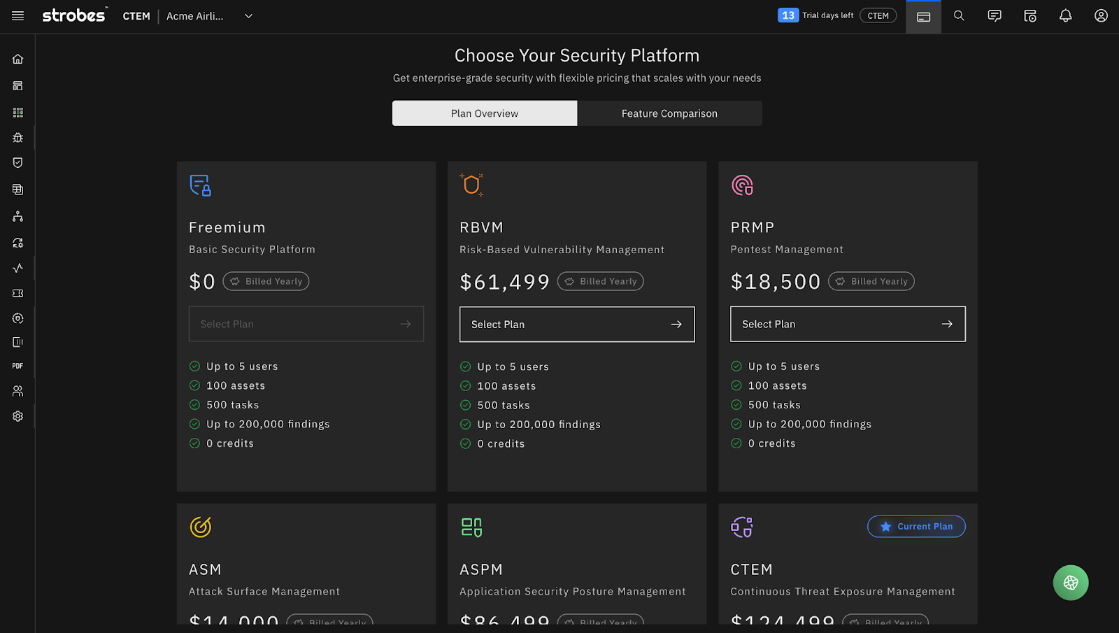 Strobes pricing page showing security platform plans including Freemium, RBVM, PRMP, ASM, ASPM, and CTEM with features and yearly pricing.