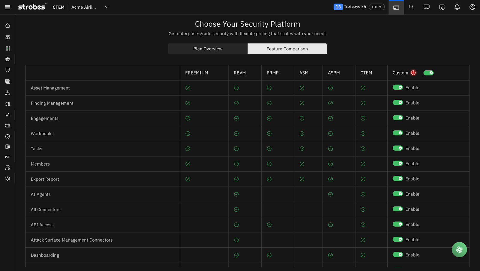 Security platform feature matrix comparing asset management, findings, tasks, connectors, AI agents, and reporting across Strobes plans.